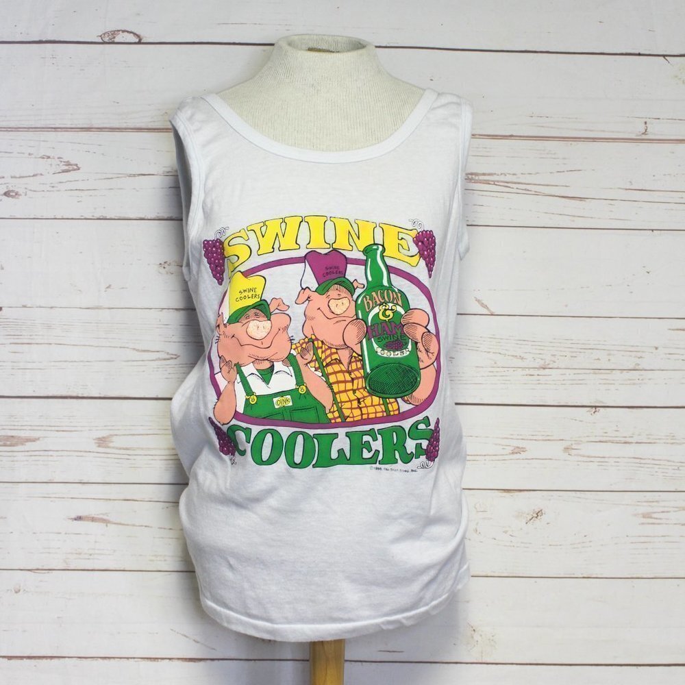 Vintage Swine Coolers 80's Tank Funny Graphic Pigs Wine Top Half Tropix XL‎